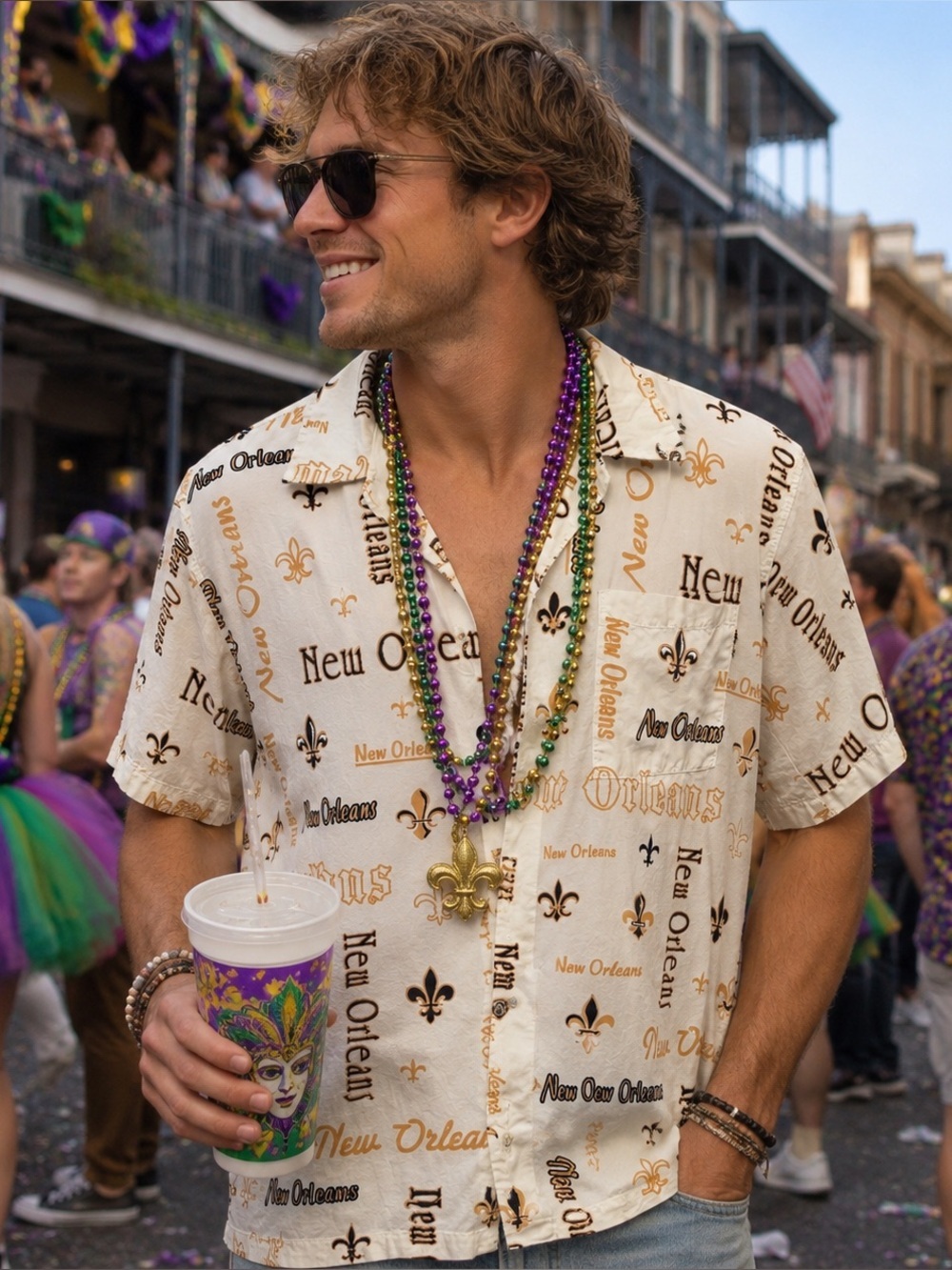 David Carey Originals New Orleans Camp Shirt Mardi Gras Tourist